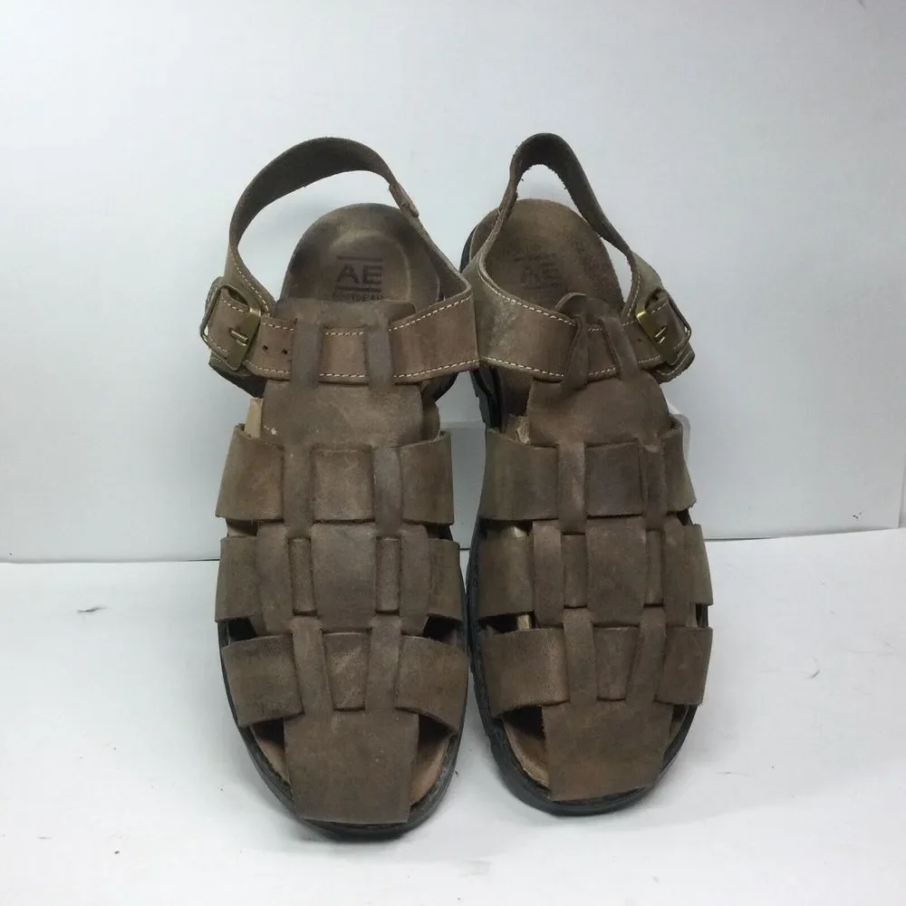 AE Brand Footgear brown leather mens‎ Sandals Size 10 fisherman strap Made Spain